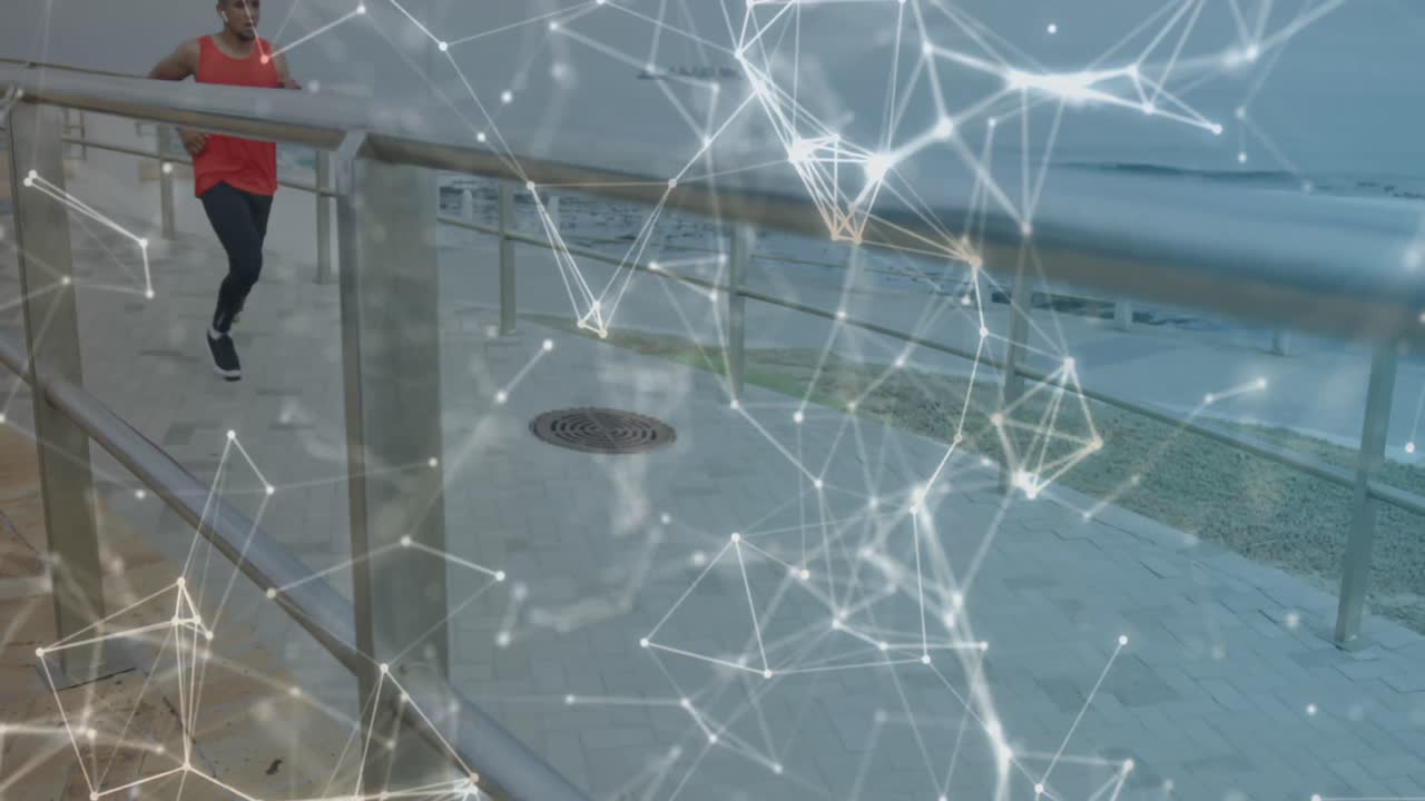 네트워크의 애니메이션과 데이터 처리 남성 운동선수와 바다에서 운동하는 러닝 블레이드