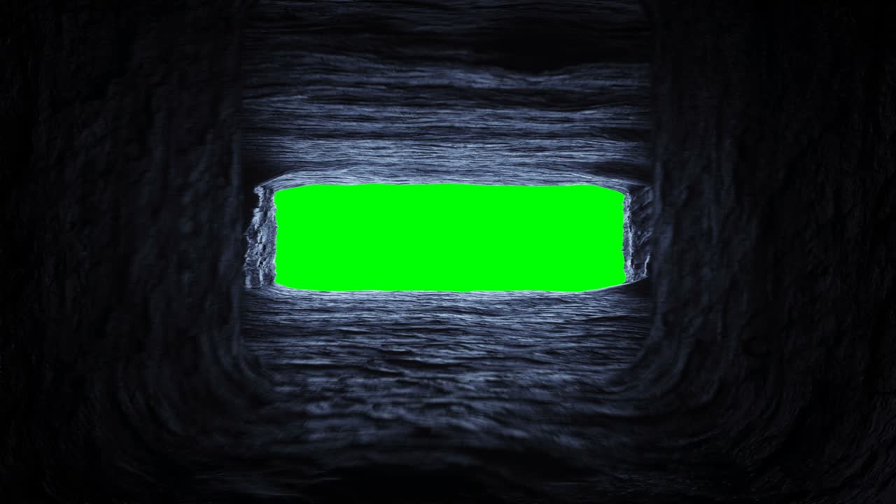 volando en la cueva futurista de la roca, el corredor. animación realista de pantalla verde en 4k.