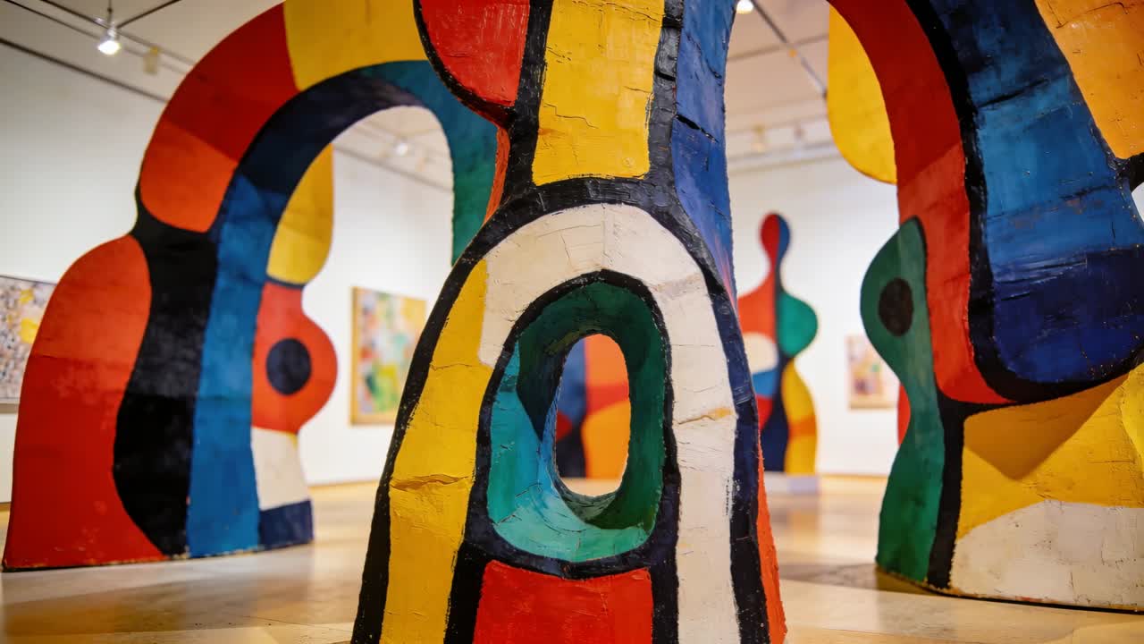 Partendo da un primo piano, la telecamera si allontana rivelando archi e opere d'arte incorniciate in un'installazione della galleria.