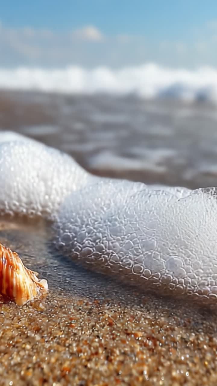A Serene Coastal Scene Featuring a Shell in Soft Focus Amidst Gentle Waves and Sea Foam on the Sandy Beach Under a Clear Sky