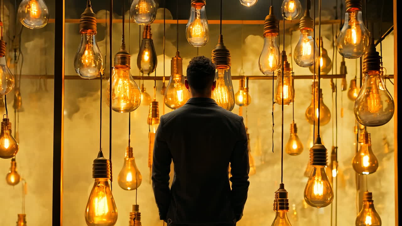 Mysterious Man Stands Before Illuminated Lights in Urban Gallery. A figure gazes thoughtfully at a stunning display of hanging lights in an urban art space.