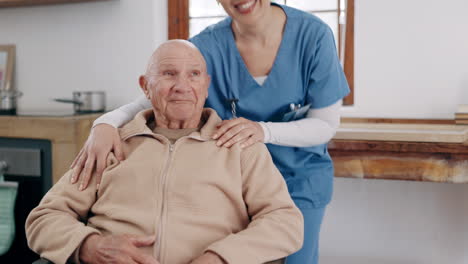 Happy,-caregiver-and-face-of-senior-man-in-kitchen