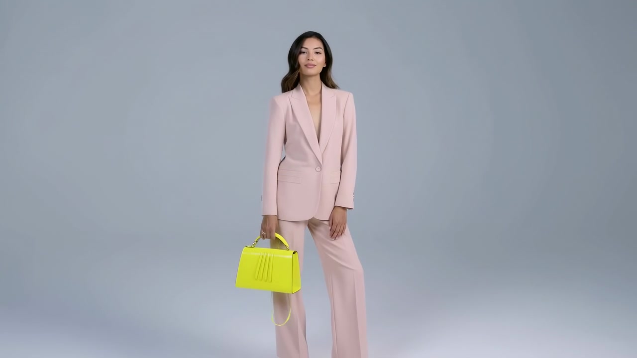 Donna asiatica con un tailleur rosa che tiene una borsa gialla in uno studio minimalista, in posa da dirigente aziendale.