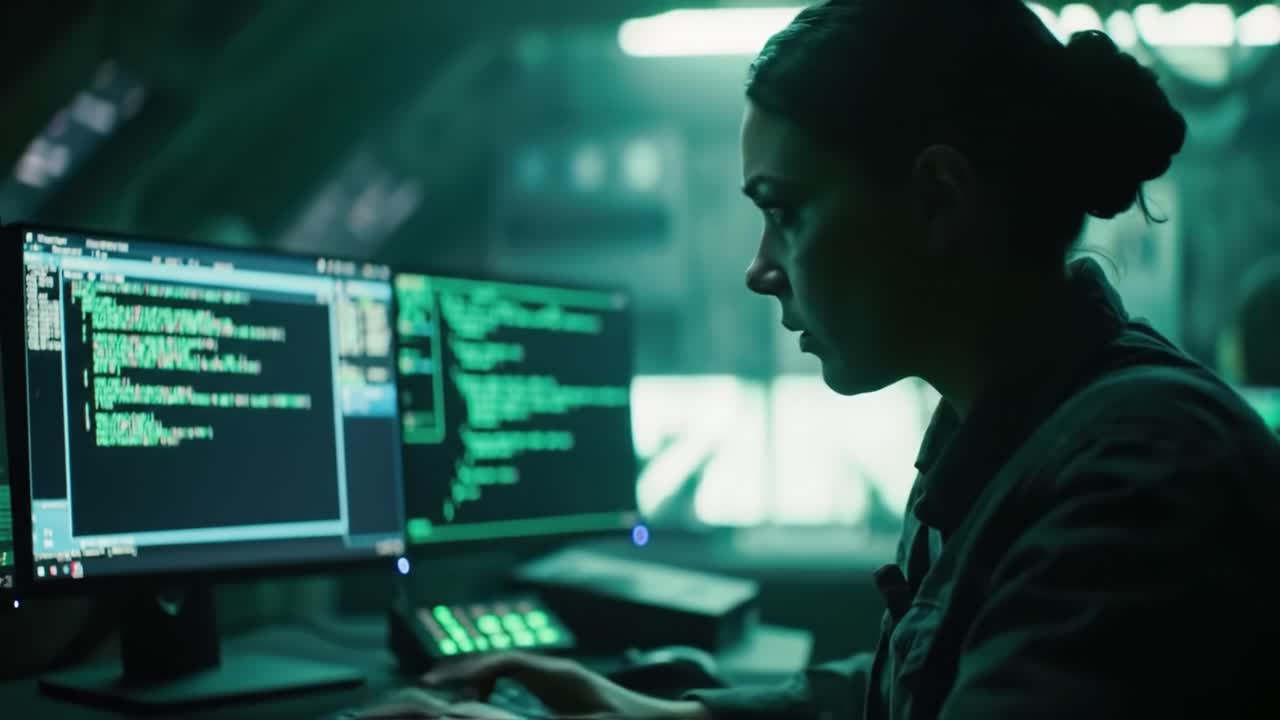 A Focused Programmer Analyzes Code in a Dimly Lit Environment with Multiple Monitors Displaying Complex Data and Graphics, Highlighting the Intensity of Tech Work