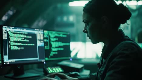a focused programmer analyzes code in a dimly lit environment with multiple monitors displaying complex data and graphics, highlighting the intensity of tech work
