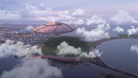 un ovni alienígena volando sobre una ciudad islandesa.