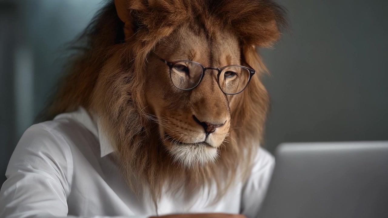 A lion wearing glasses and a white shirt focuses intently on a laptop, blending human professionalism with the majestic presence of a wild creature.