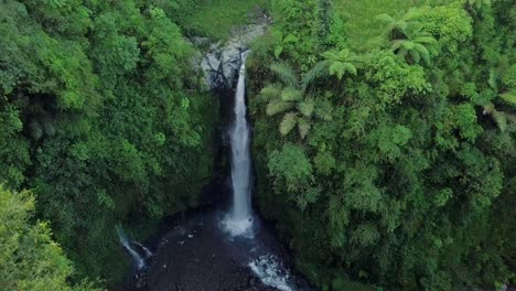aerial view from drone flying over kedung kayang waterfall and all surrounding vegetation in central java, indonesia