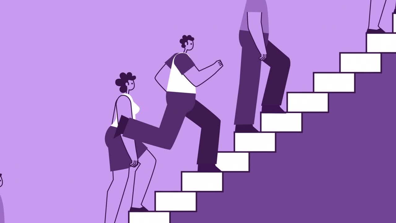 보라색 스타일의 남자 평평한 캐릭터는 계단을 달리고 사람들의 군중을 압도합니다. 고립된 루프 애니메이션