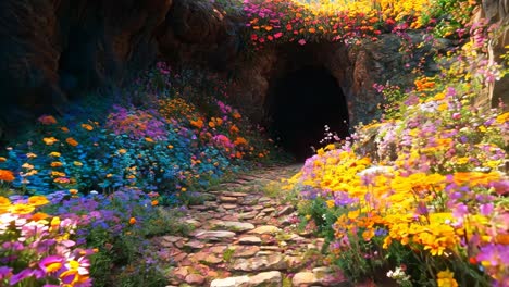 a tunnel of flowers in the middle of a rocky path