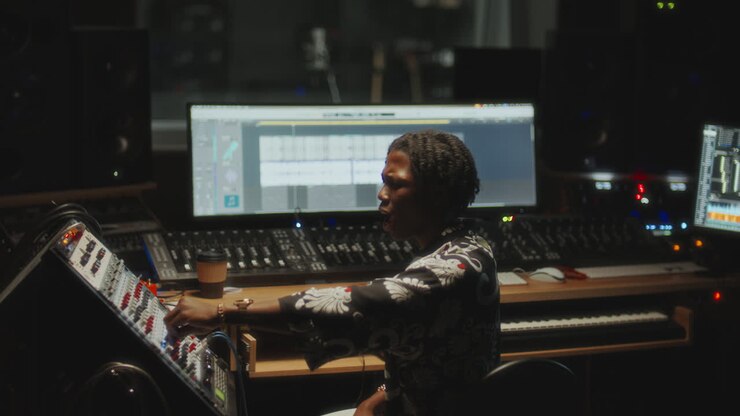 Black Music Producer Working on Audio Mix in Recording Studio
