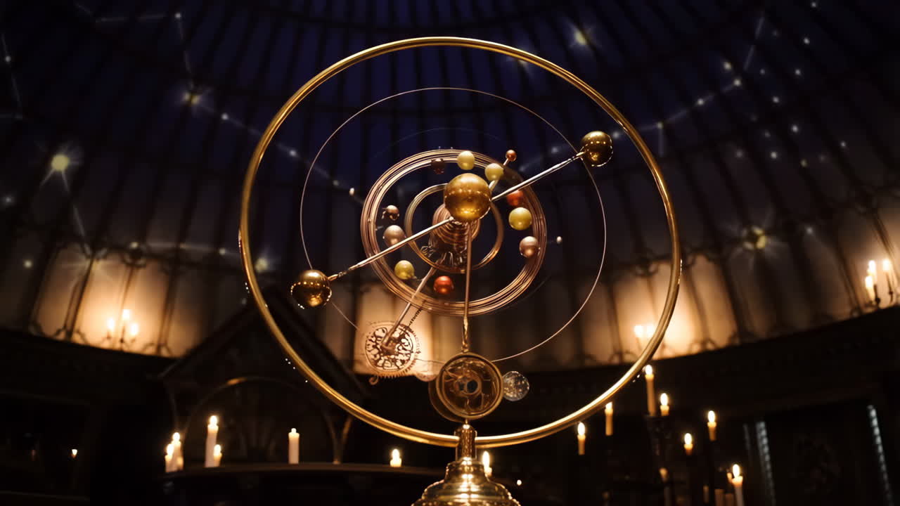 Golden Orrery Model of the Solar System in a Starry Candlelit Room