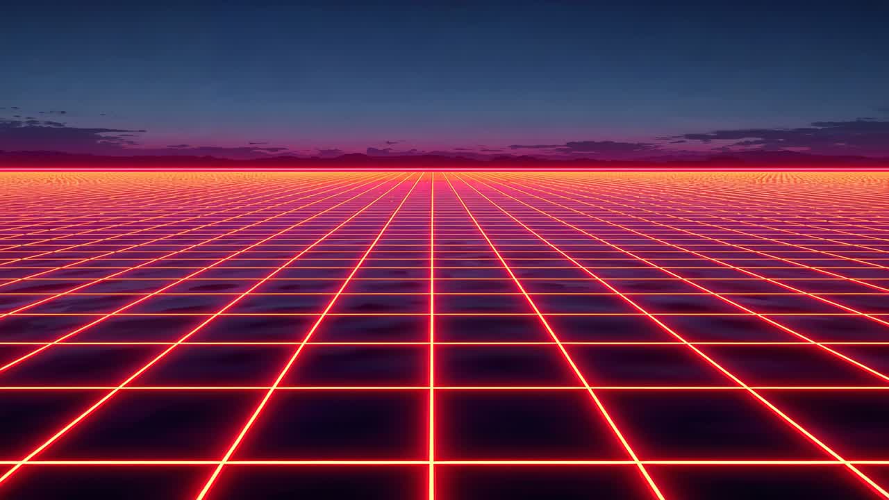 Pulsing neon grid shifting to horizon at dusk after camera push, evoking travel with magenta glow