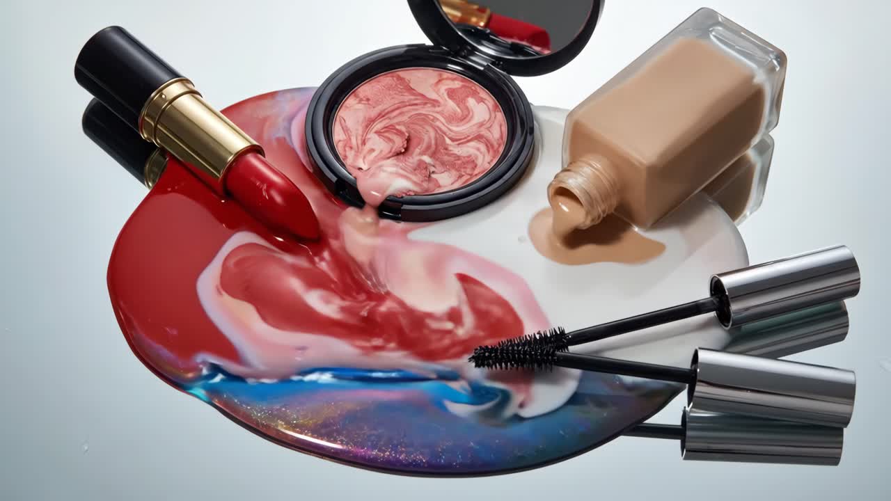Melting Makeup Products Swirling into Colorful Abstract Liquid Art