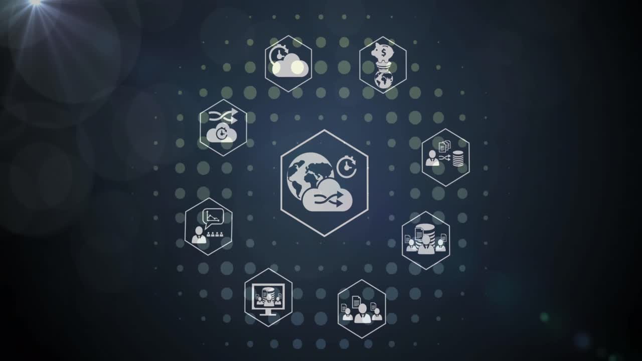 Animation of icon in hexagons over circles, dots and lens flares on abstract background