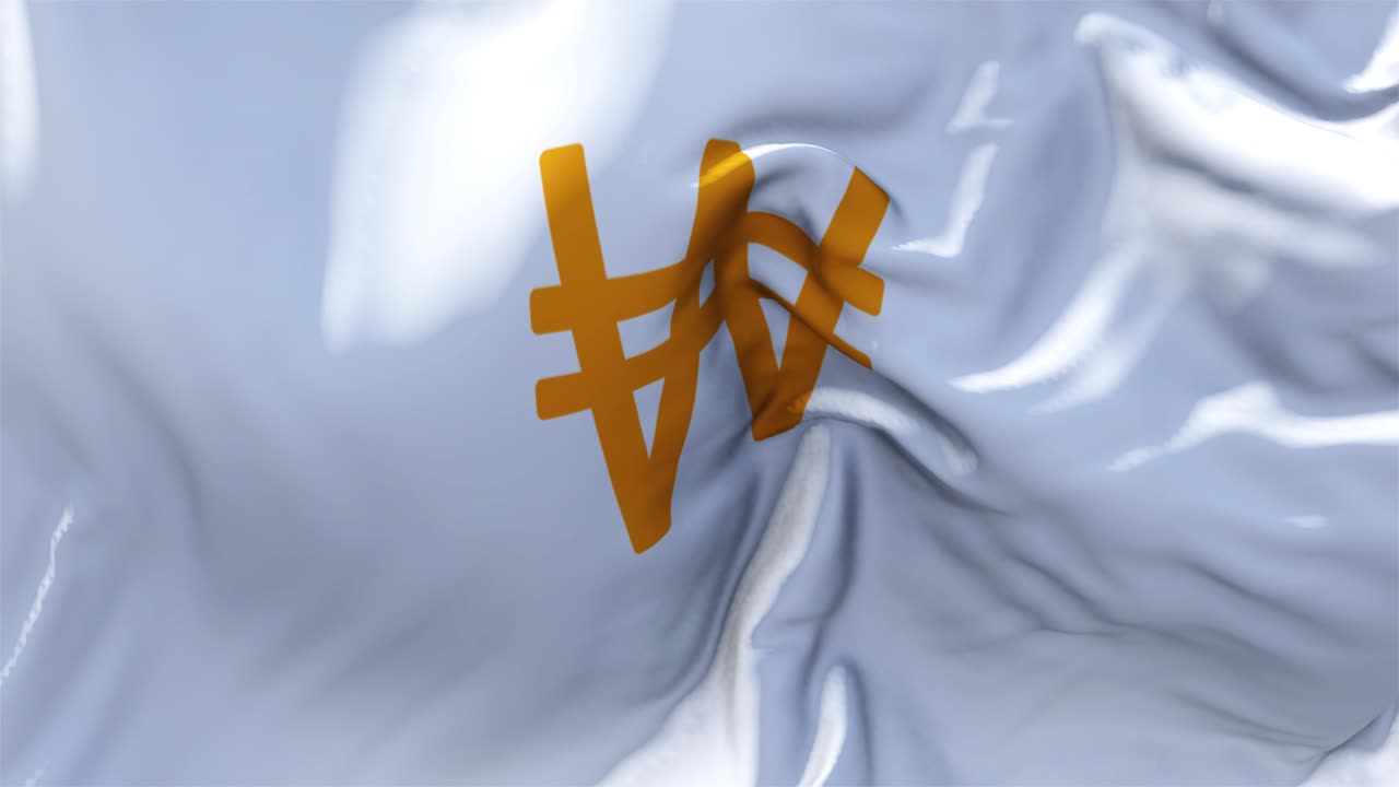 320 north korean won sign flag waving in wind slow motion animation 4k realistic fabric texture flag