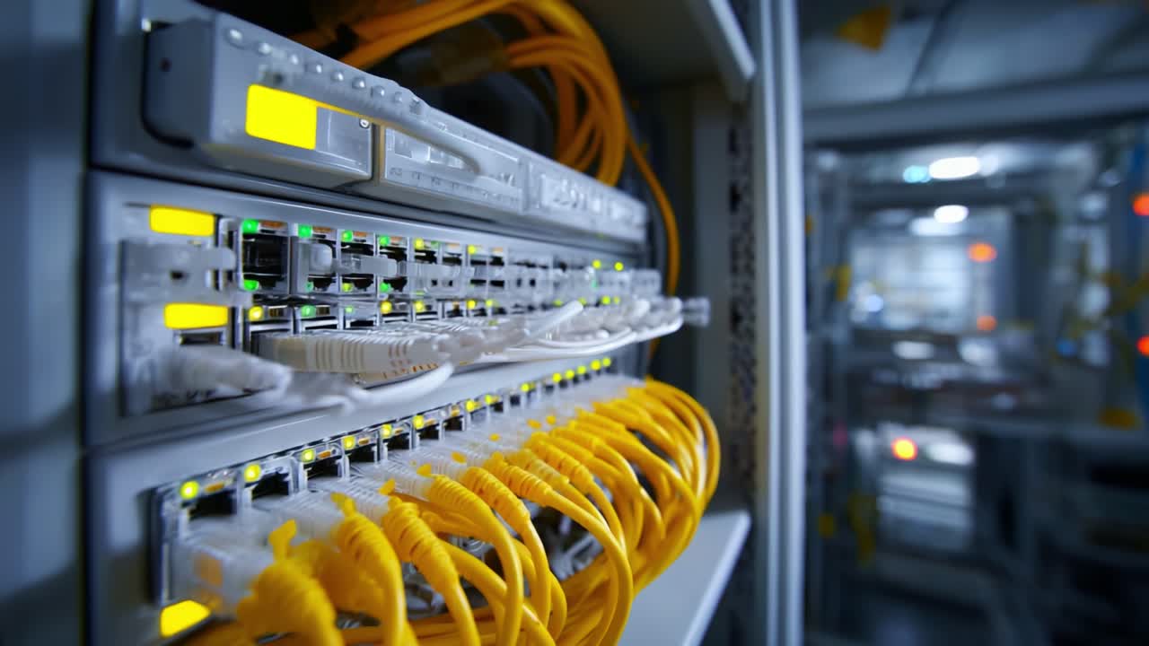 A Close-Up View of a Modern Network Switch with Brightly Lit Indicators and Yellow Ethernet Cables in a High-Technology Data Center Environment