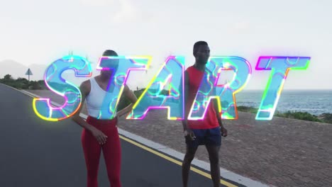 animación de la palabra comienza en letras coloridas sobre una pareja que hace ejercicio corriendo en un camino de montaña