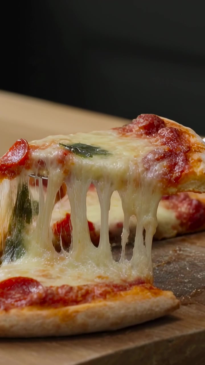 Video verticale: Spatola che scivola sollevando una fetta di pizza su un tagliere di legno sul bancone, con il formaggio che si allunga.