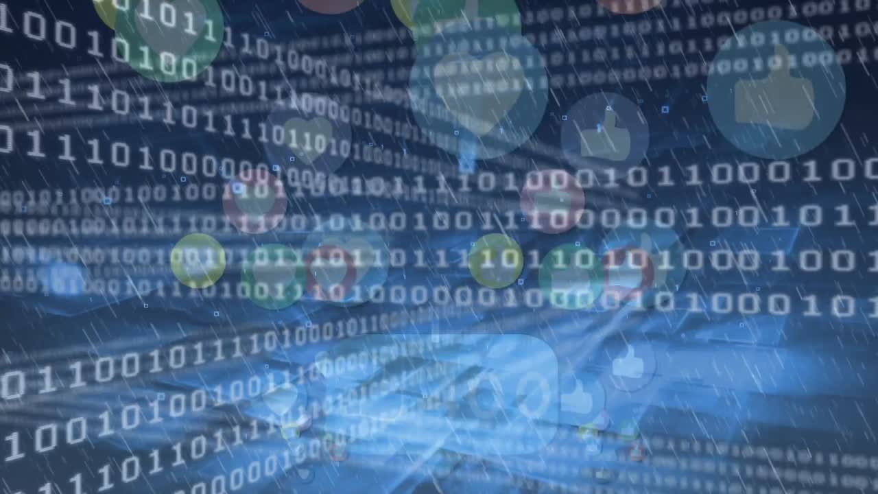 Animation of binary code and icons on navy background