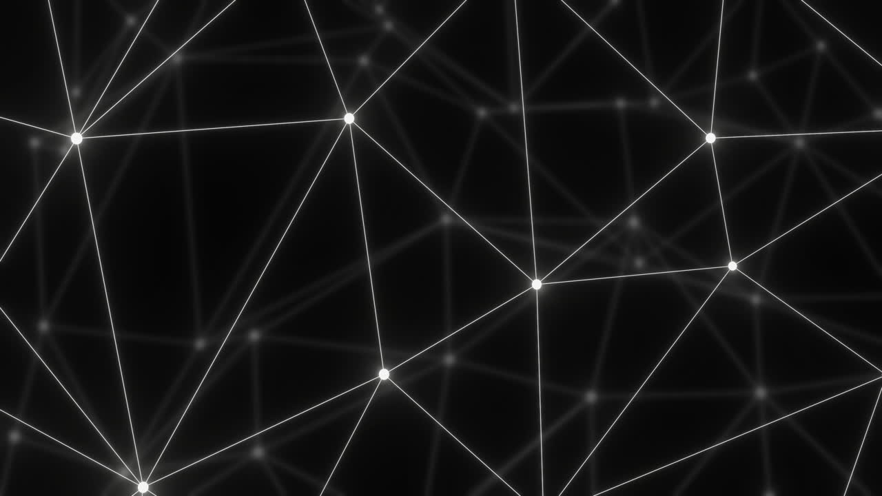 Animation of white 3d network moving over distant network on black background