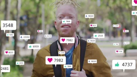 animation of social media data processing over albino man in city