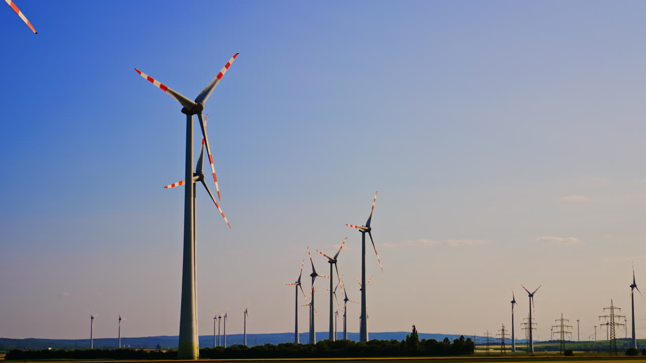 Daylight wind turbine energy. Tall wind turbines spin in the clear sky, harnessing renewable energy on a sunny day in a rural landscape