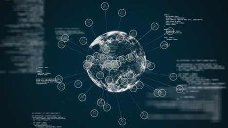 animation of network of connections with globe and data processing on blue background