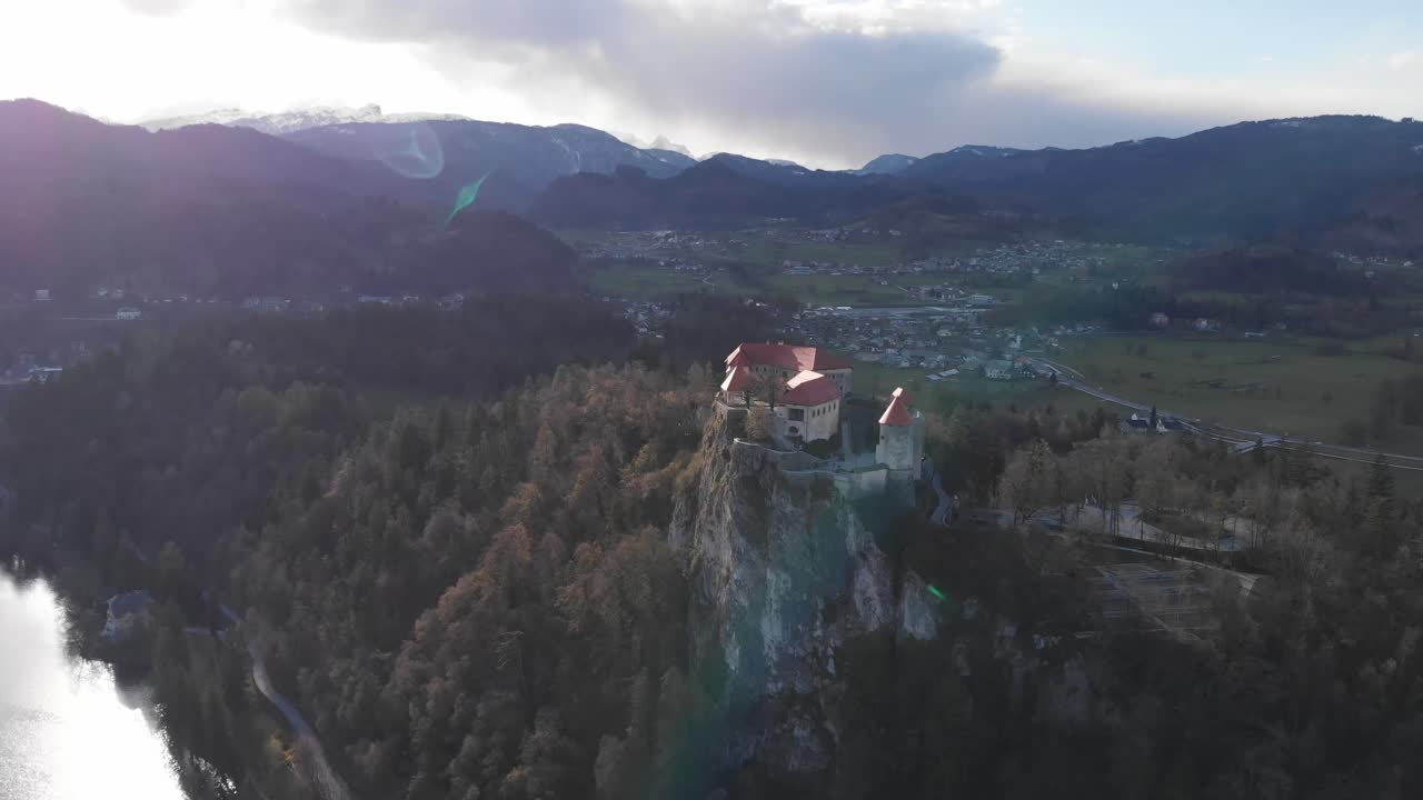 Lake Bled with castle, Slovenia, Europe. Castle on top of the huge rock. Aerial panoramic view of beautiful Bled Castle (Blejski Grad) with Lake Bled (Blejsko Jezero).
