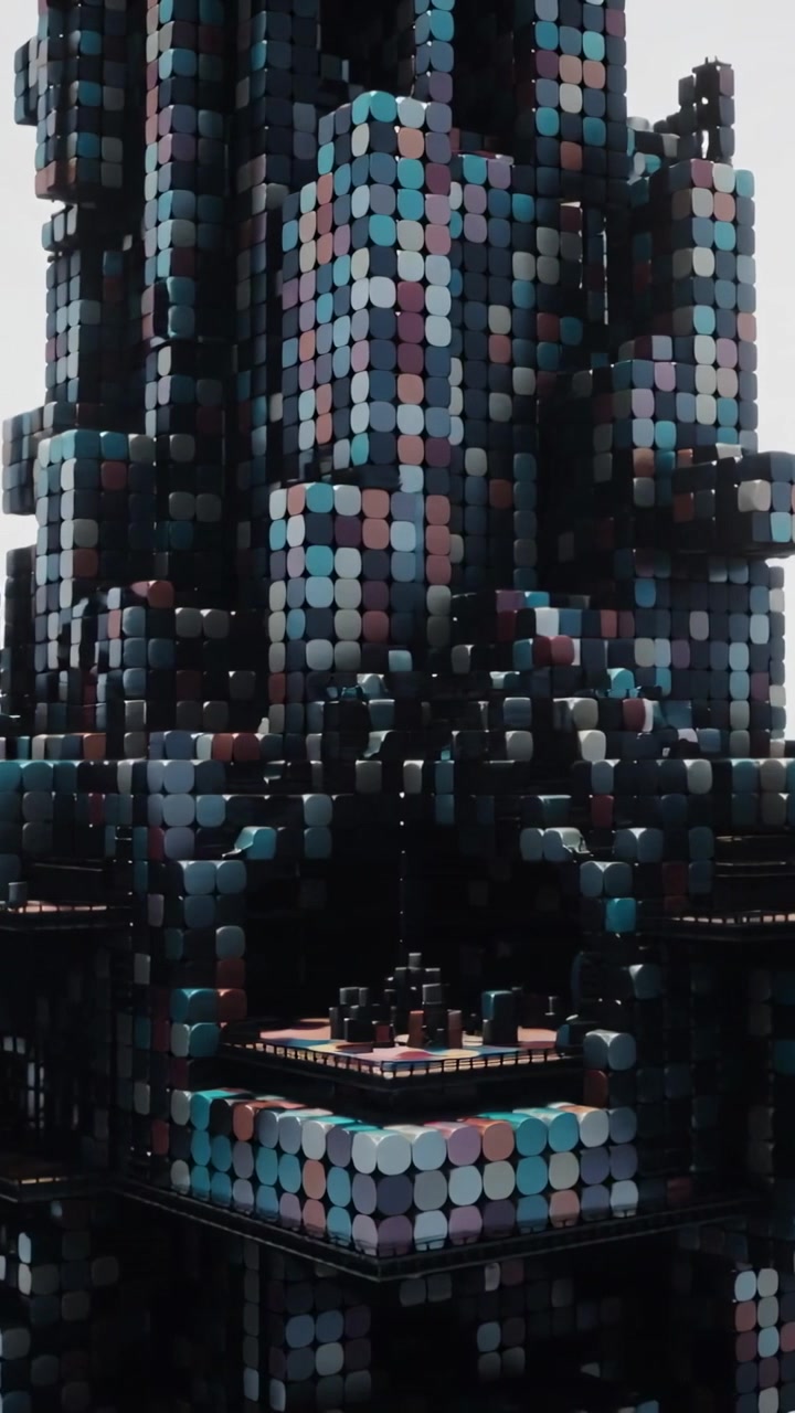 Vertical video: Sliding camera revealing modular tower in studio, showing stacked cylinders' scale