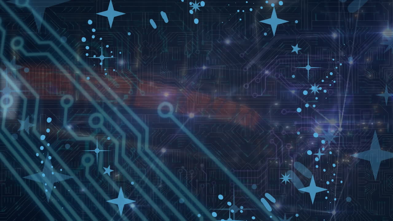 마이크로프로세서 연결의 애니메이션과 파란색 배경에 대한 빛나는 연결 네트워크