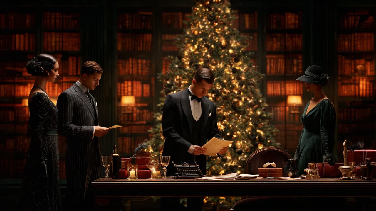 An Enigmatic Christmas Gathering: A Group of Elegantly Attired Individuals Engaged in a Mysterious Discussion Amidst a Luxurious Library Adorned with a Glittering Holiday Tree and Timeless Literature