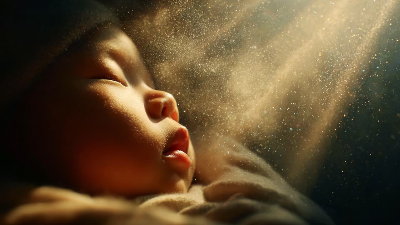 Fredfullt øyeblikk: Fengslende bilder av en sovende baby omgitt av en drømmeaktig atmosfære med mykt lys og eterisk støv, som fremkaller ro og uskyld i hver ramme