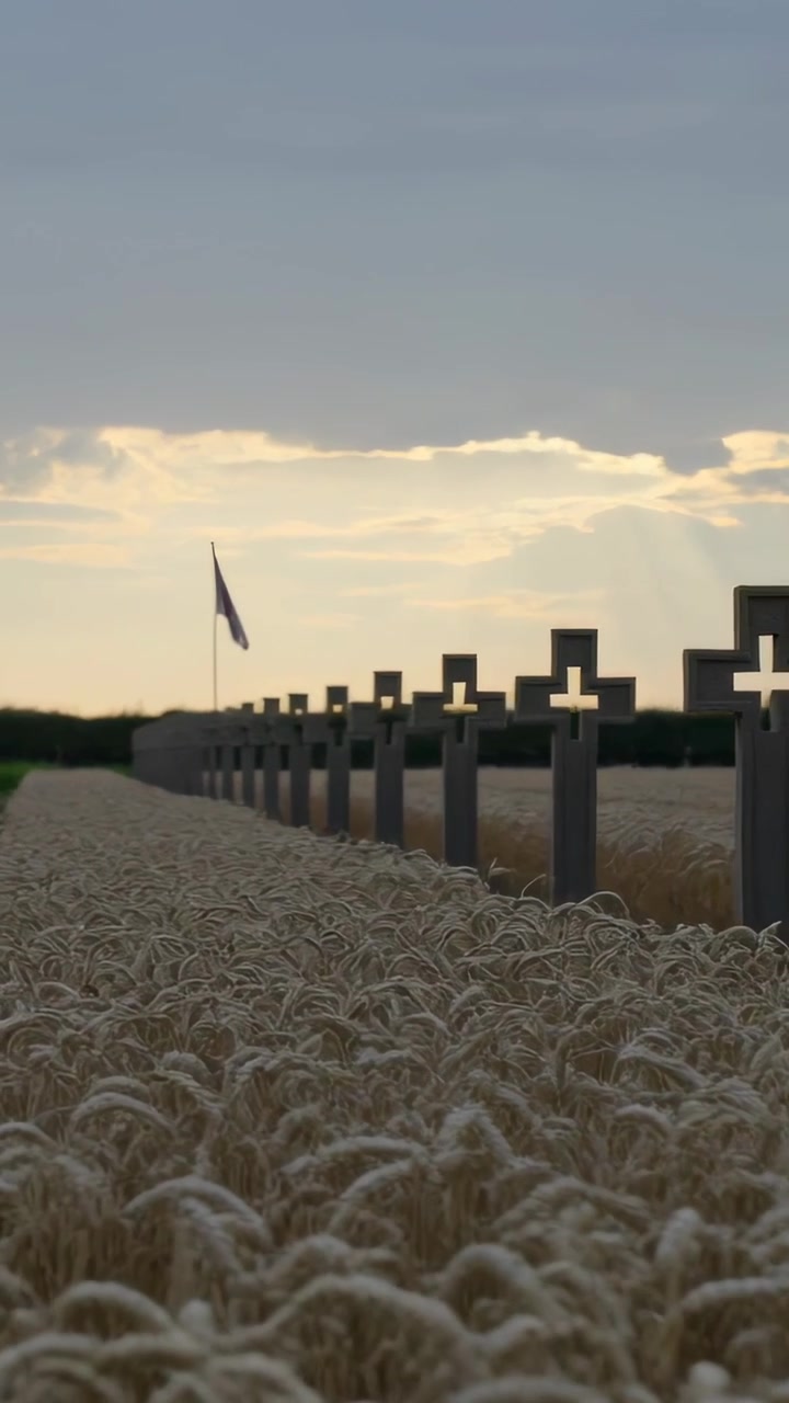 Video verticale: Telecamera in movimento che rivela croci di pietra allineate in un campo di grano, con una bandiera che sventola sotto il sole.