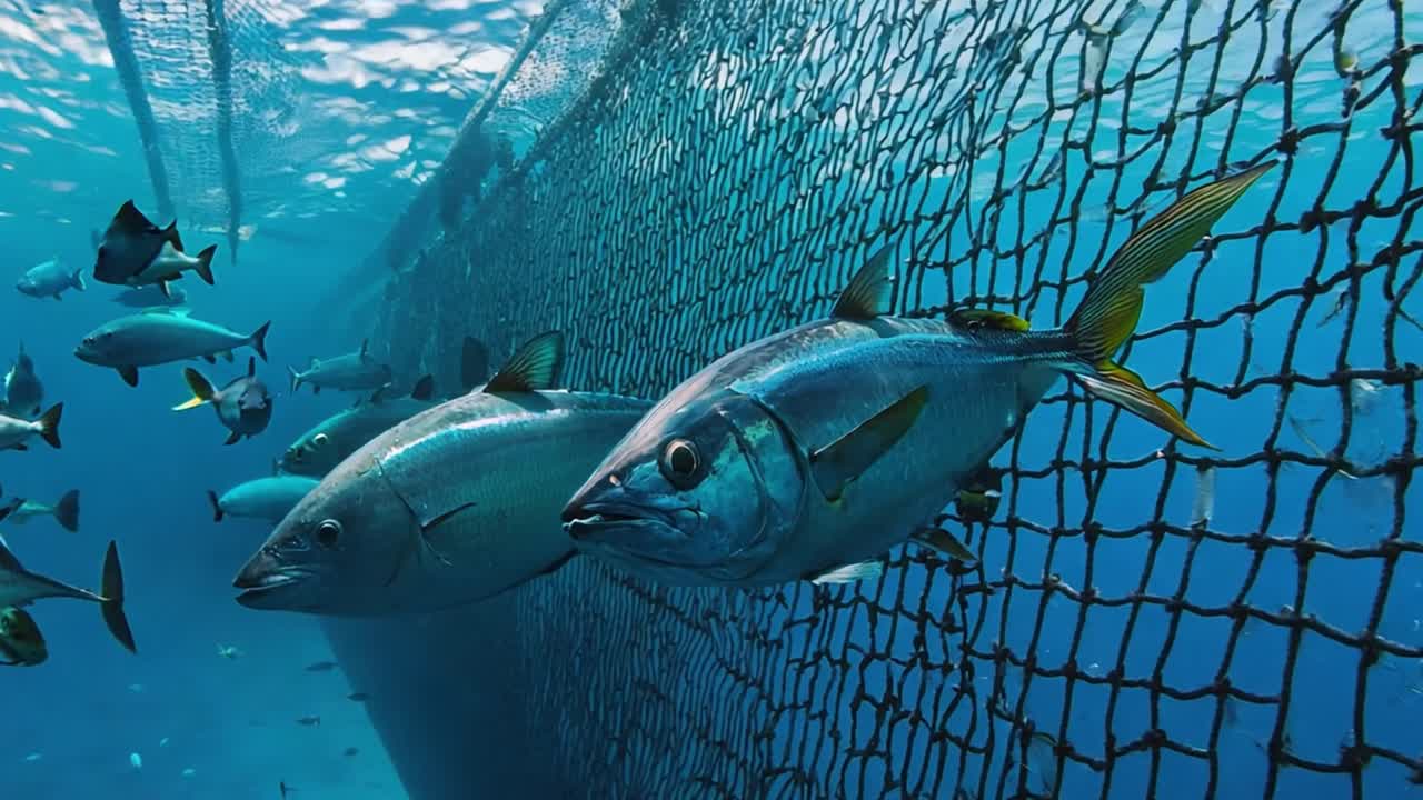 Fish caught in a fishing net underwater