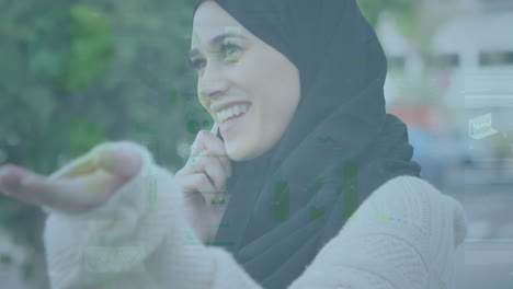animación del procesamiento de datos financieros sobre una mujer con hijab usando un teléfono inteligente