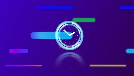 Animation-of-clock-over-colorful-trails-on-dark-blue-background