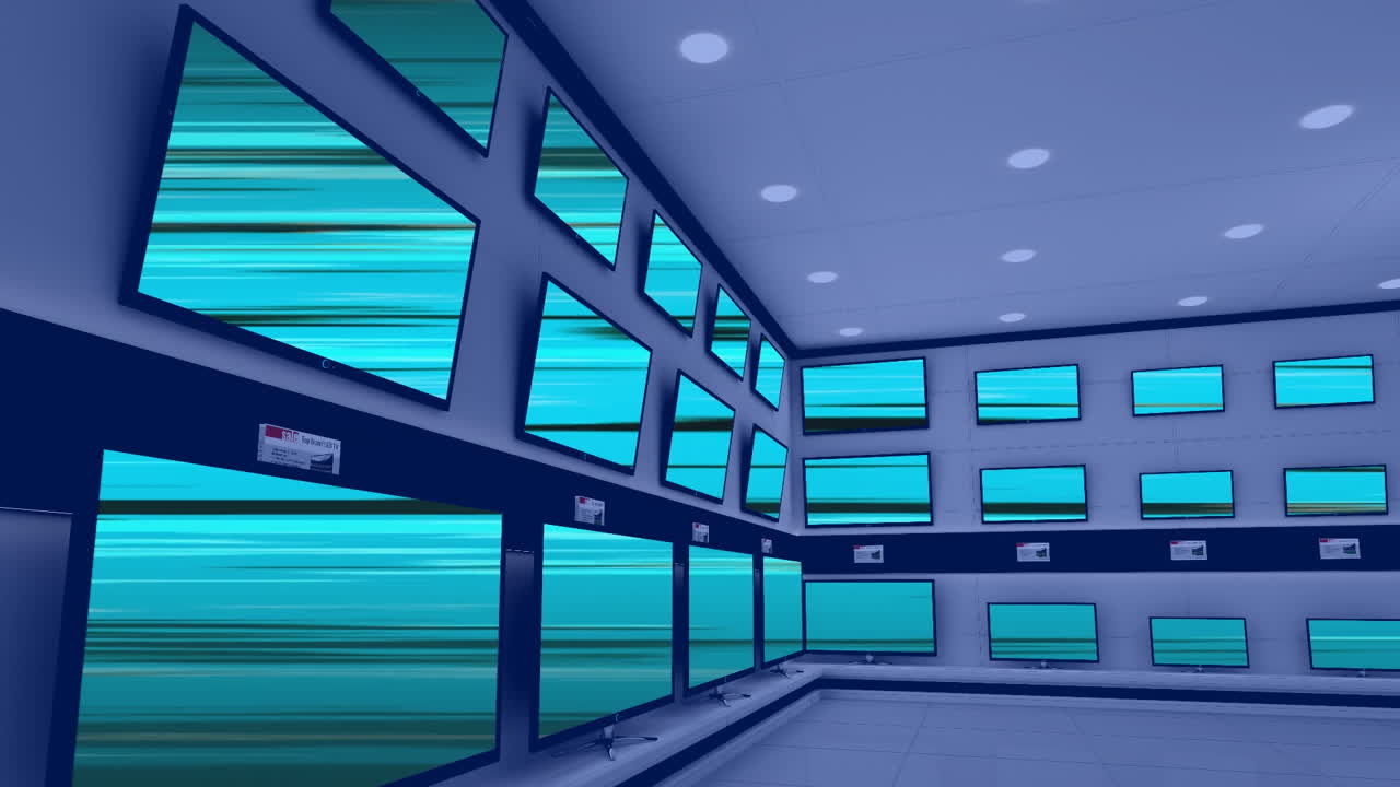 Animation of rows of television sets in store with glowing screens with copy space