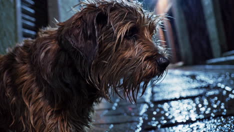 wet dog in a city alley at night