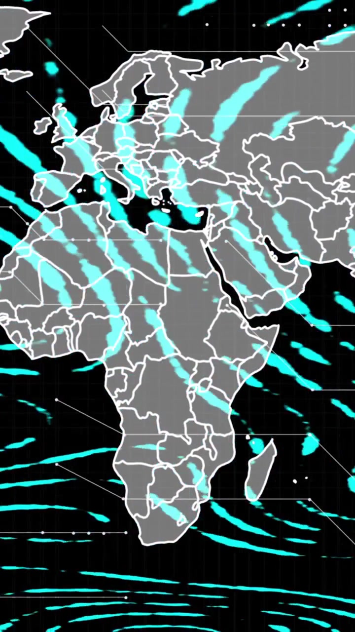 Animation of shapes moving and world map on black background