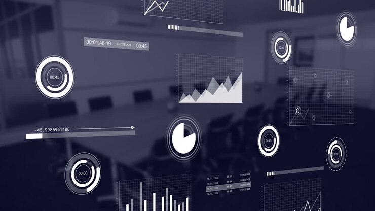 Animation of financial data processing over empty office