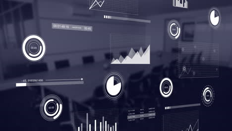 animation of financial data processing over empty office