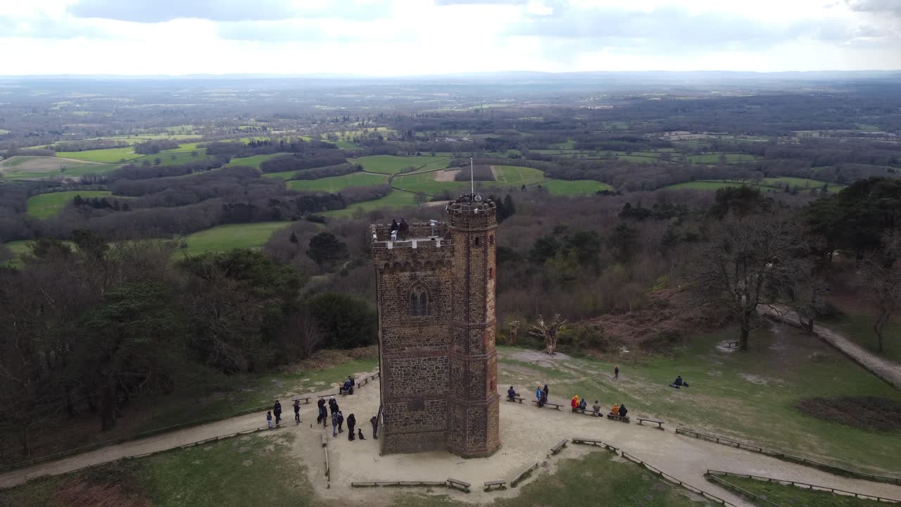 Leith Hill and Tower Surrey Hills view point across south England  drone aerial