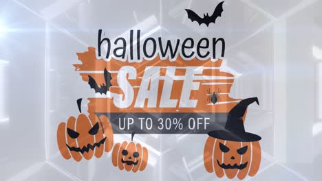 Halloween-sale-text-banner-with-scary-pumpkin-and-bats-icons-against-glowing-tunnel