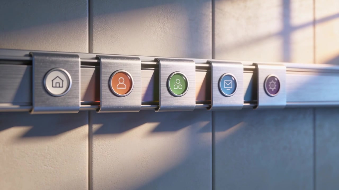 Advancing frames moving metal rail with five hued icon buttons right on tiled wall, revealing icons
