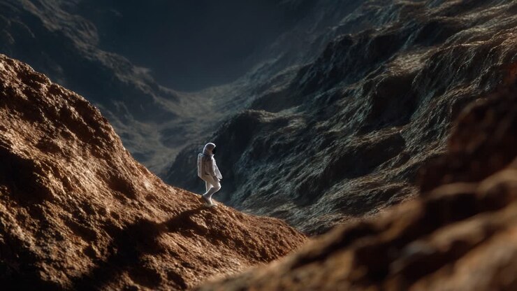 A lone astronaut explorers an alien landscape, standing amidst rugged terrains under a mysterious sky, revealing the beauty and isolation of space exploration