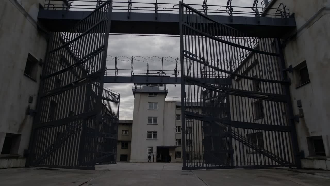 Wide-angle shot of a prison courtyard under cloudy skies, showcasing the stark, institutional