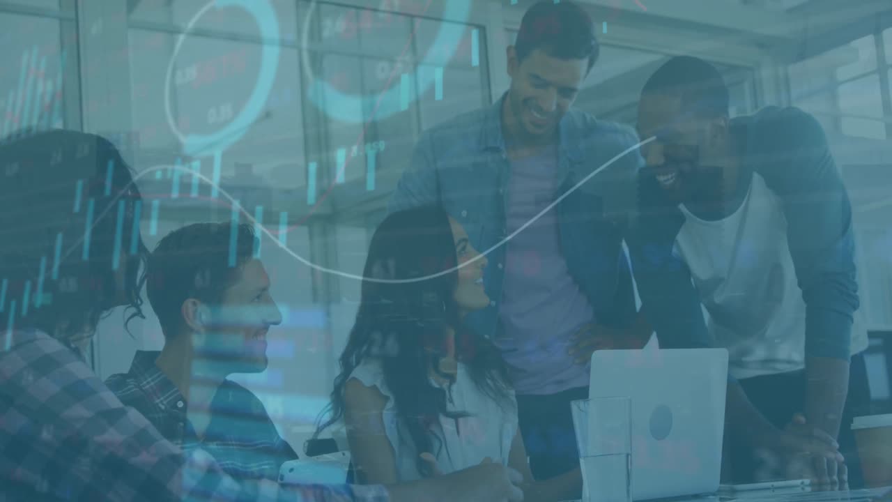 Animation of statistical data processing against diverse colleagues discussing over laptop at office