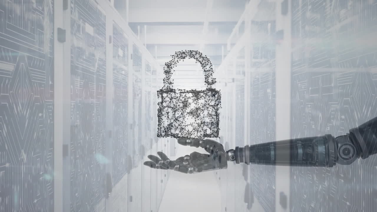 animación del icono del candado y el brazo del robot sobre los servidores de la computadora