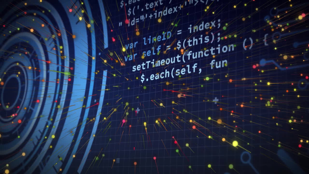 Animation of colorful particles radiating from circular structure on dark background